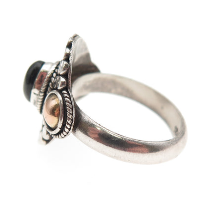 925 Sterling Silver 2-Tone Vintage Real Black Onyx Dotted Oxidized Ring Size 7