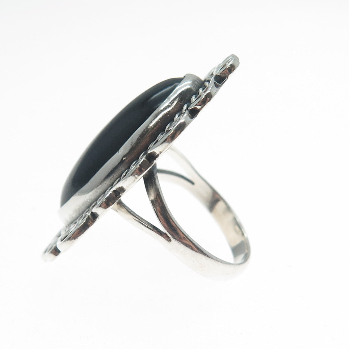 925 Sterling Silver Vintage Mexico Real Black Onyx Modernist Ring Size 7