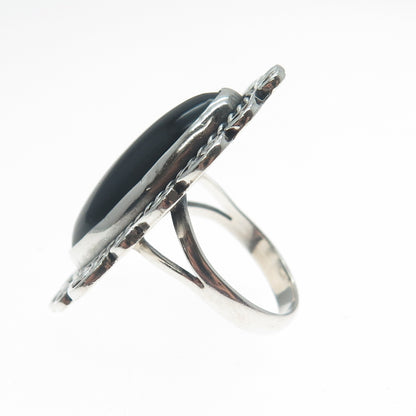 925 Sterling Silver Vintage Mexico Real Black Onyx Modernist Ring Size 7
