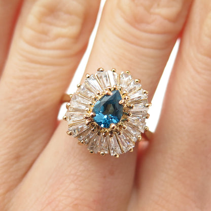 925 Sterling Silver Gold Plated Real London Blue Topaz & C Z Ring Size 6.75