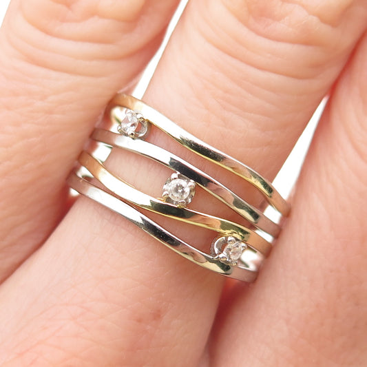 Ideaure 925 Sterling Silver 2-Tone Round-Cut C Z 4-Row Wavy Ring Size 10.25