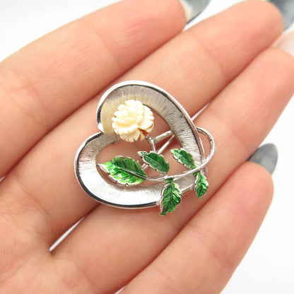 925 Sterling Silver Vintage BEAU Enamel Rose Floral Striped Heart Pin Brooch