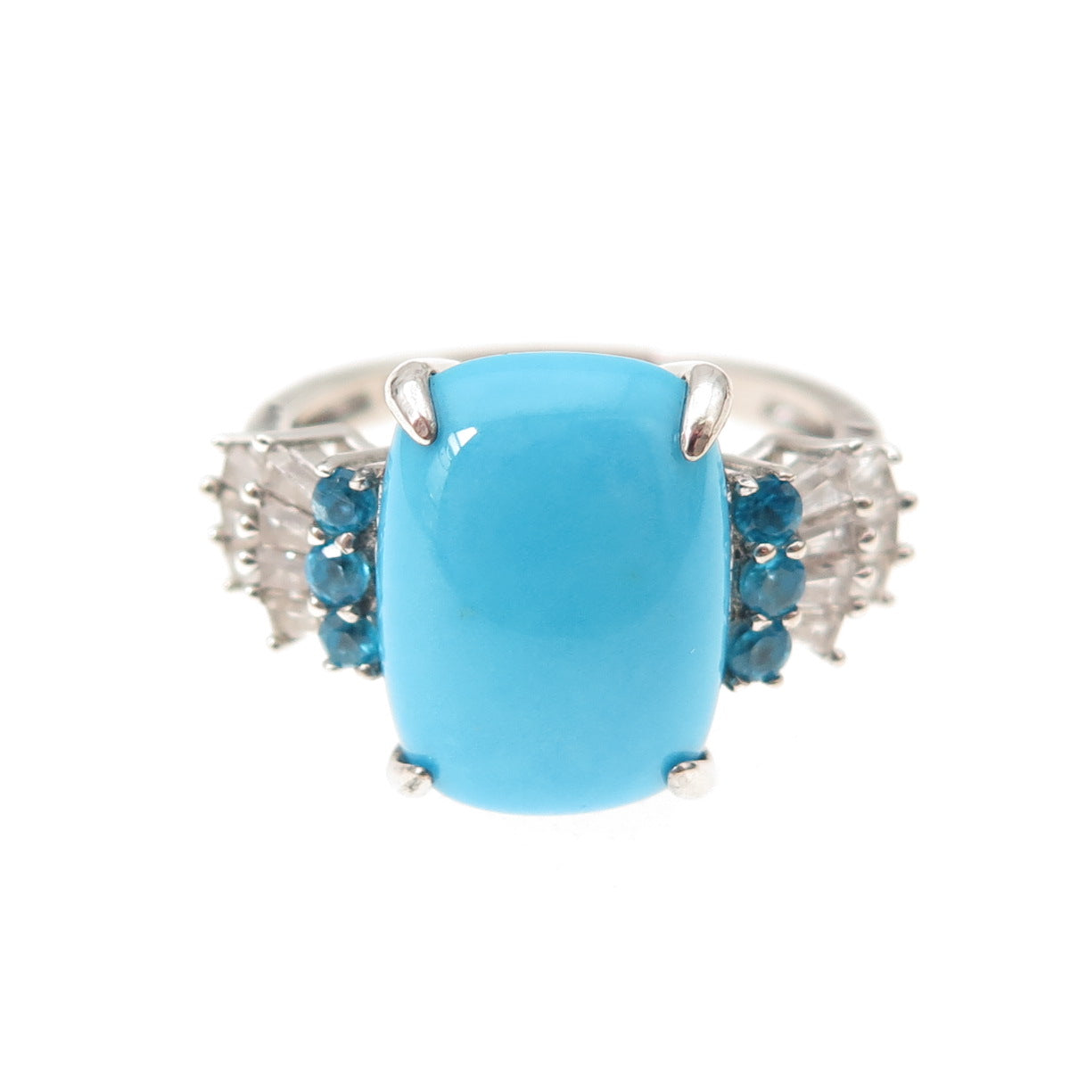 925 Sterling Silver Real Turquoise Apatite & White Topaz Ring Size 8.25