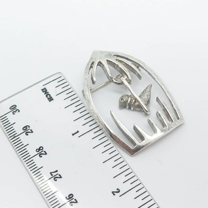 925 Sterling Silver Vintage Mexico Bird In A Cage Pin Brooch