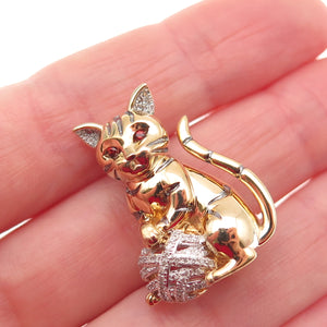 925 Sterling Gold Plated Real Diamond Red Garnet Cat Heart Brooch Slide Pendant