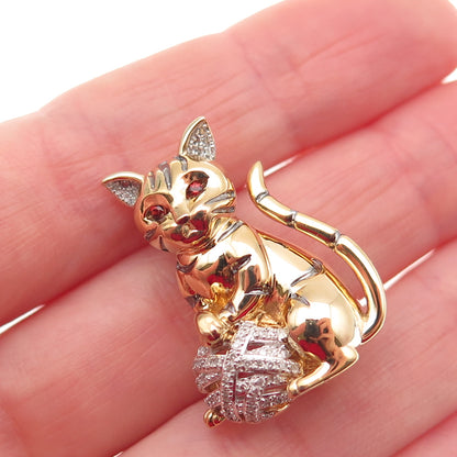 925 Sterling Gold Plated Real Diamond Red Garnet Cat Heart Brooch Slide Pendant