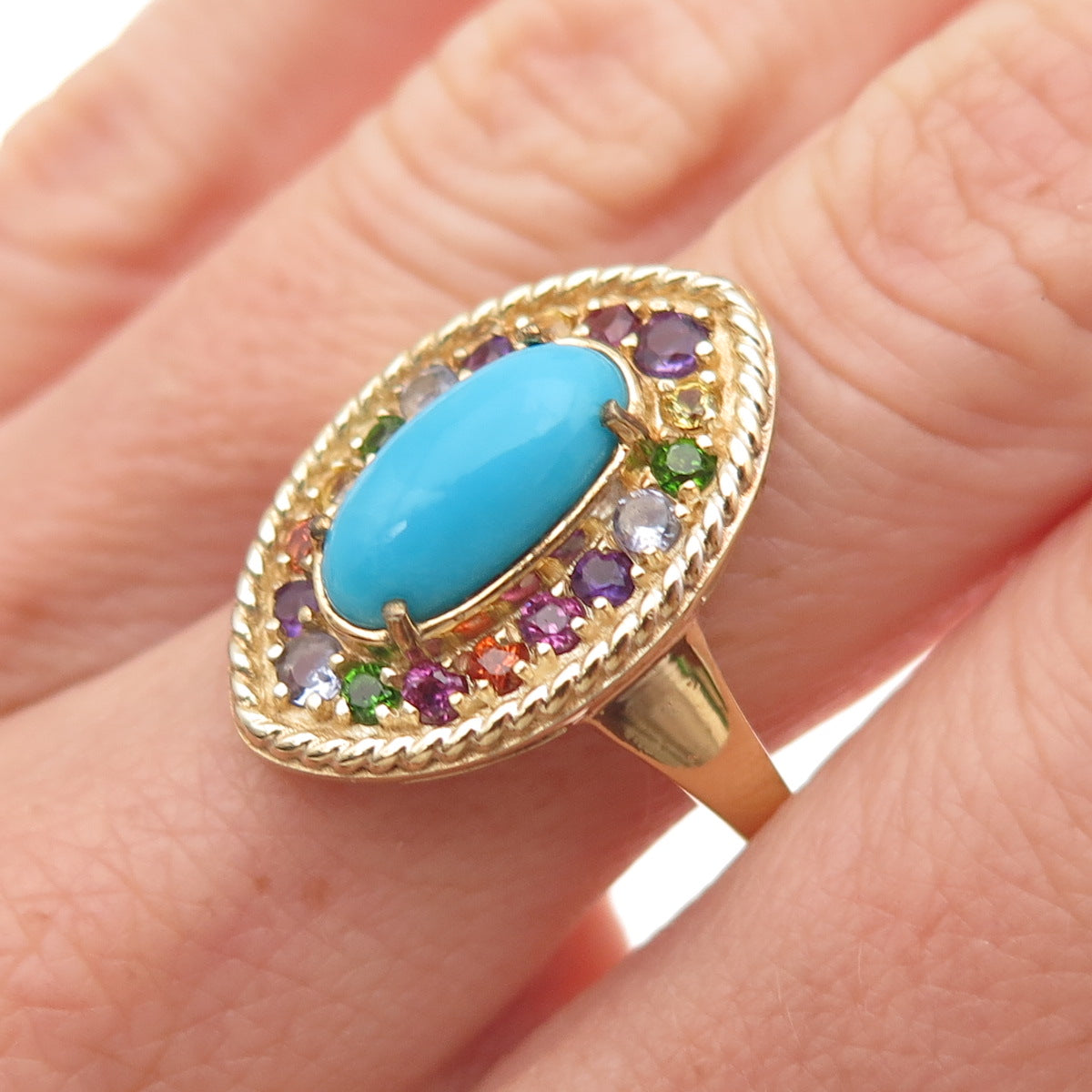 D'Joy 925 Sterling Silver Gold Plated Real Turquoise & Multi-Gem Ring Size 8