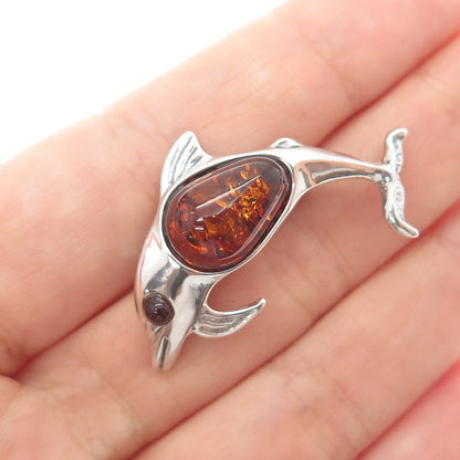 925 Sterling Silver Vintage Real Amber Dolphin Oxidized Pin Brooch