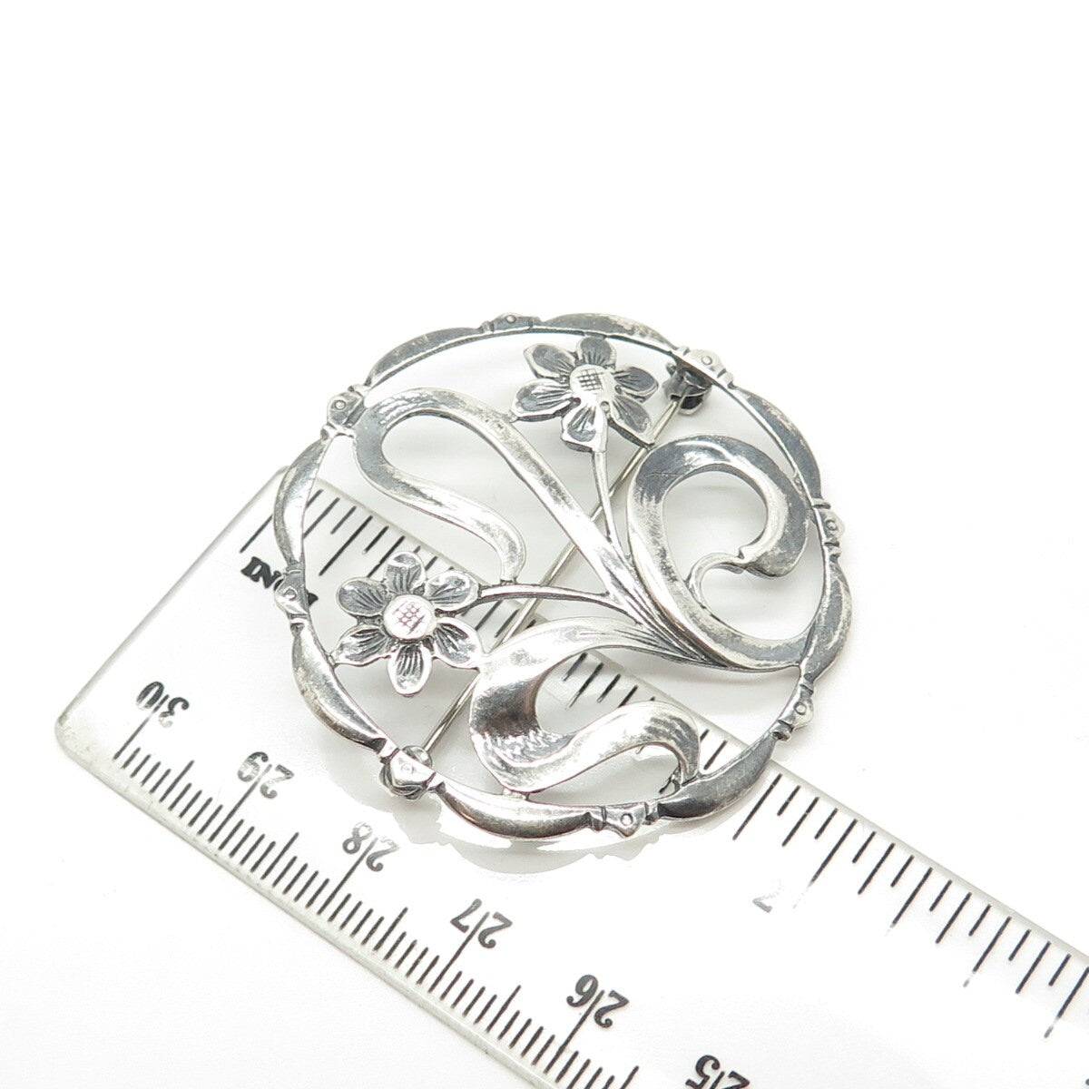 925 Sterling Silver Vintage Floral Blossom Round Pin Brooch