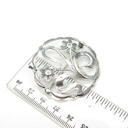 925 Sterling Silver Vintage Floral Blossom Round Pin Brooch