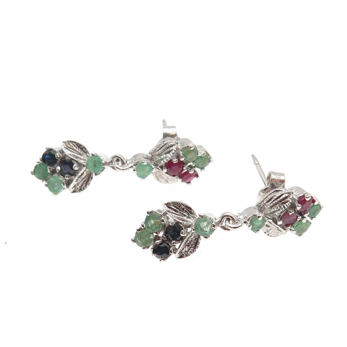 925 Sterling Silver Vintage Real Ruby Emerald & Sapphire Floral Dangle Earrings