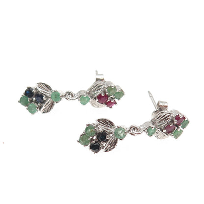 925 Sterling Silver Vintage Real Ruby Emerald & Sapphire Floral Dangle Earrings