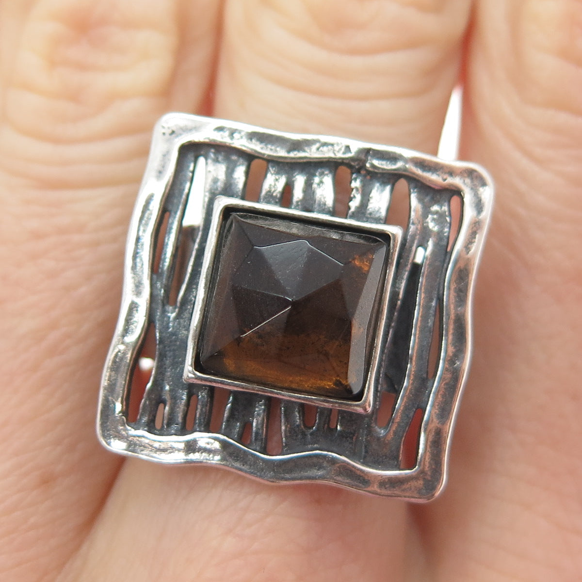 TAMIR ZUMAN 925 Sterling Silver Vintage Real Smoky Quartz Oxidized Ring Size 9.5