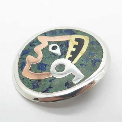 925 Sterling Silver 3-Tone Vintage Mexico Real Azurite Gem Tribal Man Pin Brooch
