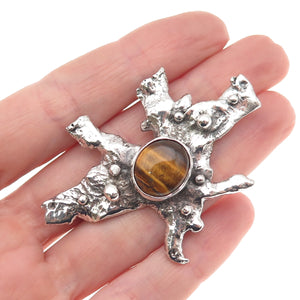 925 Sterling Silver Vintage Real Tiger Eye Modernist Oxidized Pin Brooch