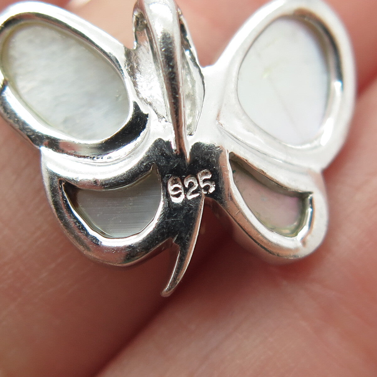 925 Sterling Silver Real Mother-of-Pearl Modernist Butterfly Pendant