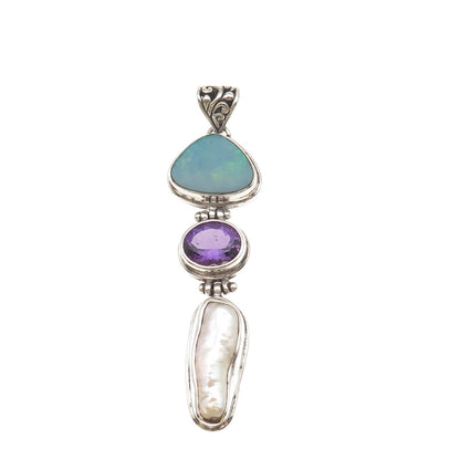 925 Sterling Silver Vintage Real Pearl Opal Lab-Created Peacock Sapphire Pendant