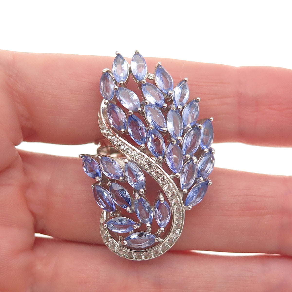 925 Sterling Silver Real Tanzanite & White Topaz Floral Cluster Ring Size 8