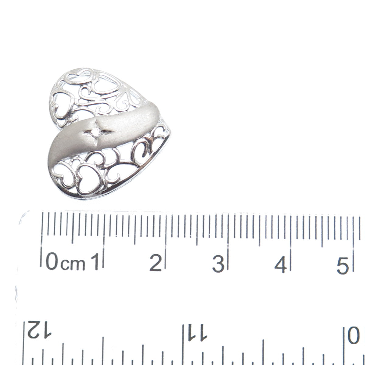 925 Sterling Silver Round-Cut C Z Heart Ornate Charm Slide Pendant