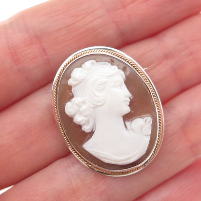 900 Silver 2-Tone Vintage Real MOP Carved Lady Cameo Pin Brooch / Pendant