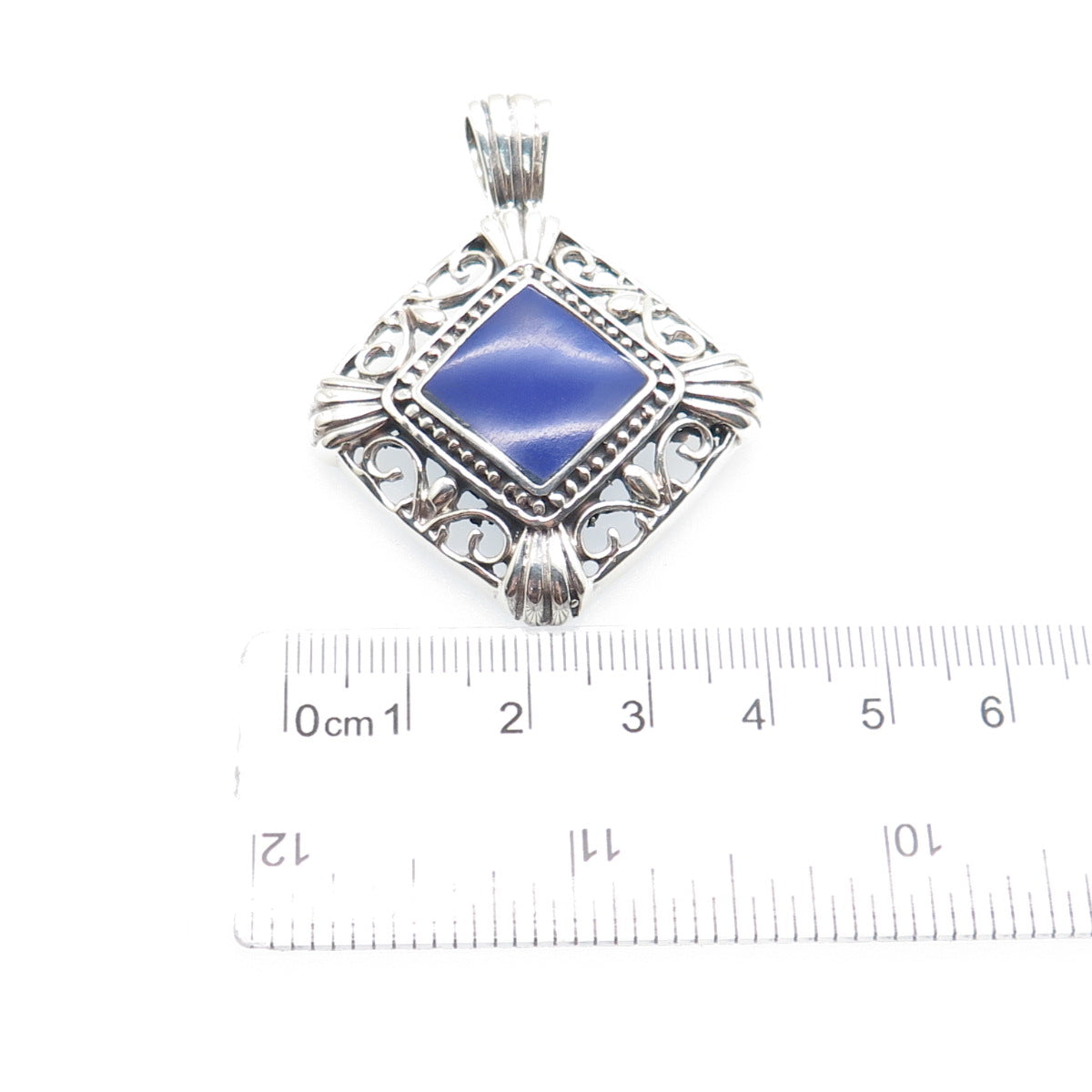 925 Sterling Silver Vintage Mexico Real Lapis Ornate Oxidized Charm Pendant