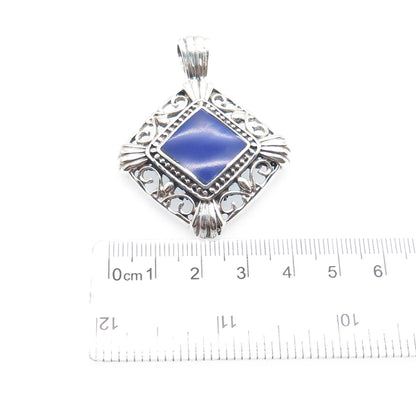 925 Sterling Silver Vintage Mexico Real Lapis Ornate Oxidized Charm Pendant