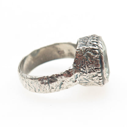 925 Sterling Silver Vintage Real Green Amethyst Modernist Oxidized Ring Size 9