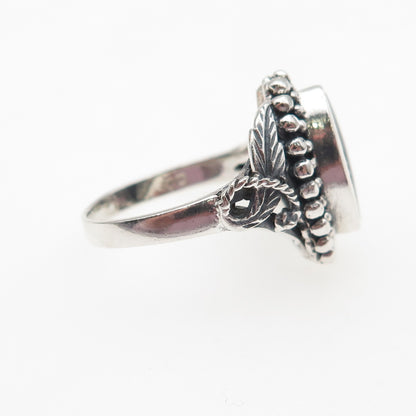 925 Sterling Silver Vintage Real Black Onyx Feather Beaded Oxidized Ring Size 7