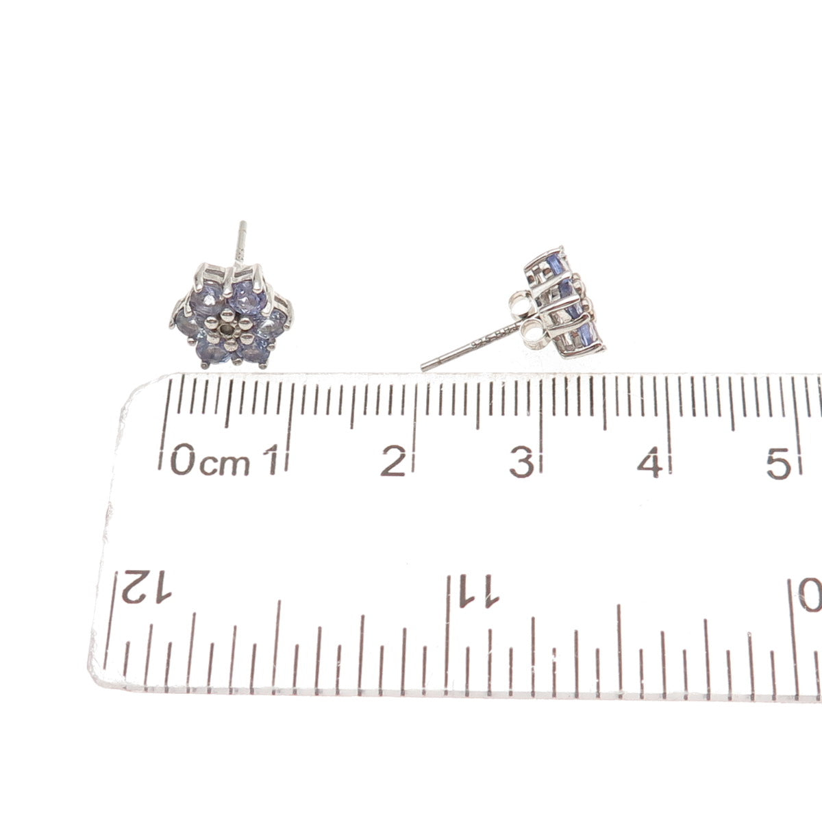 925 Sterling Silver Real Round-Cut Diamond & Tanzanite Floral Stud Earrings
