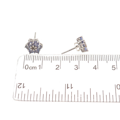925 Sterling Silver Real Round-Cut Diamond & Tanzanite Floral Stud Earrings