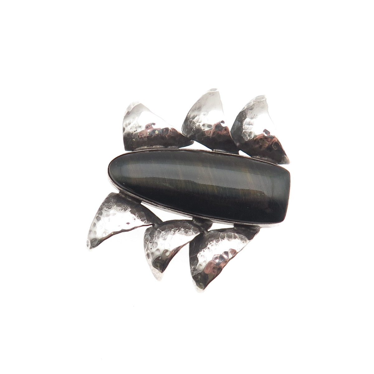 925 Sterling Silver Vintage Real Black Tiger Eye Modernist Hammered Pin Brooch