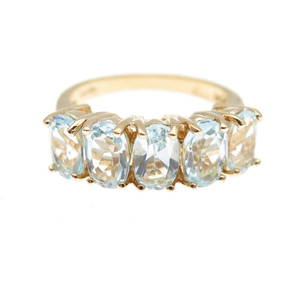 925 Sterling Silver Gold Plated Real Oval-Cut Blue Topaz Ring Size 5