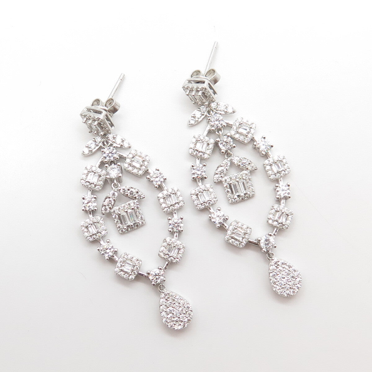 925 Sterling Silver White C Z Dangling Drop Earrings