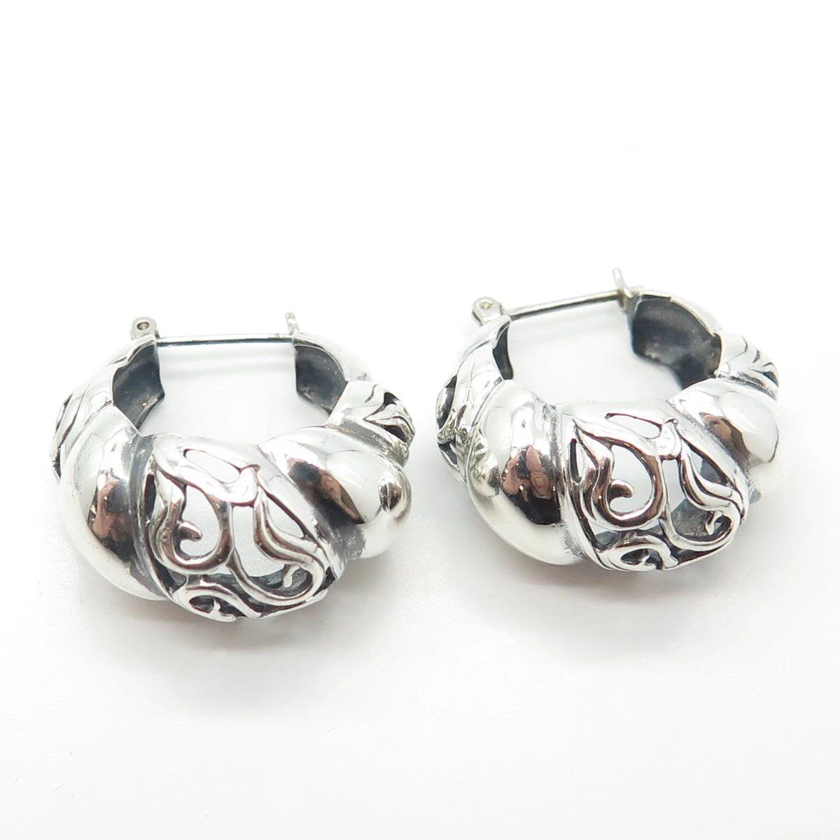 925 Sterling Silver Vintage Ribbed Hinged Hoop Earrings