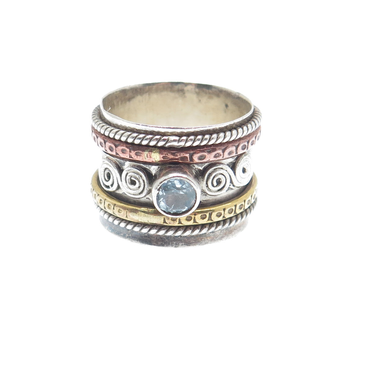 925 Sterling 3-Tone Vintage Real Blue Topaz Hammered Oxidized Ring Size 7.25