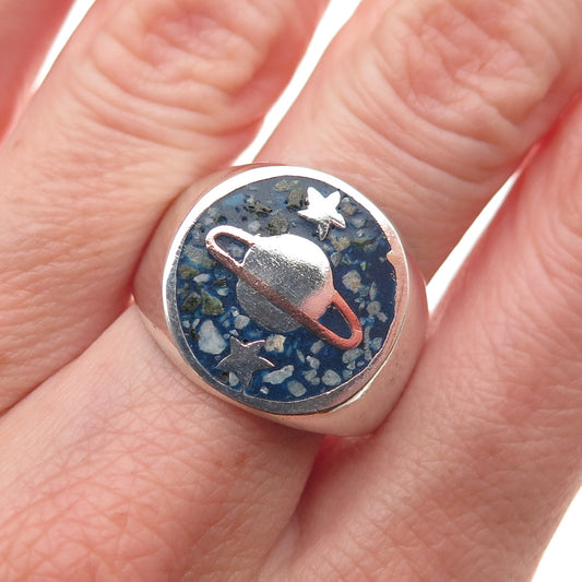 925 Sterling 2-Tone Vintage Mexico Real Azurite Inlay Saturn Ring Size 10.5