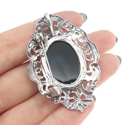 925 Sterling Silver Vintage Real Black Agate Ornate Pin Brooch / Pendant