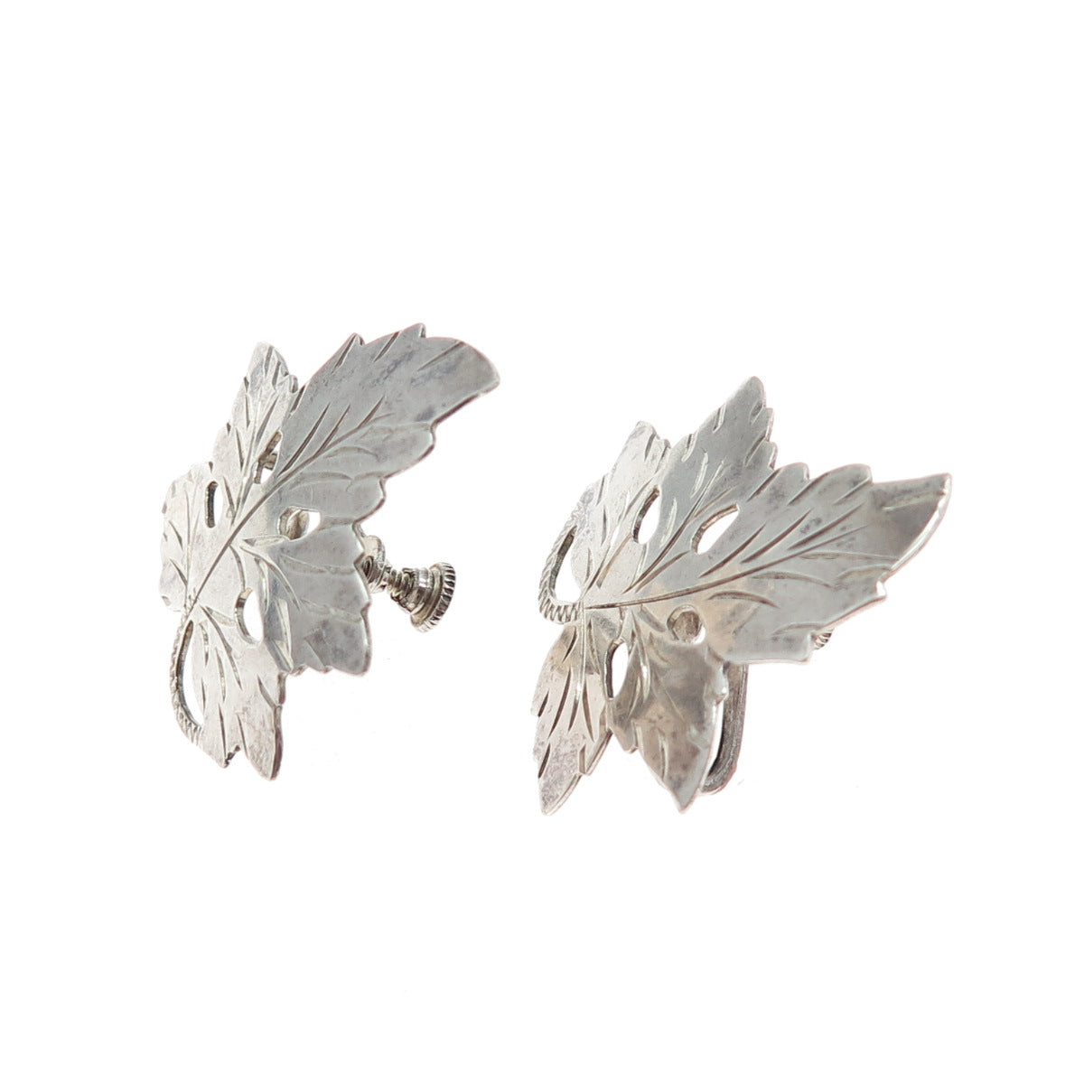 925 Sterling Silver Vintage Oak Leaf Floral Oxidized Screw Back Earrings