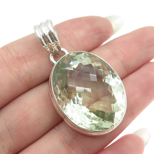 925 Sterling Silver Vintage Real Oval-Cut Green Amethyst Pendant