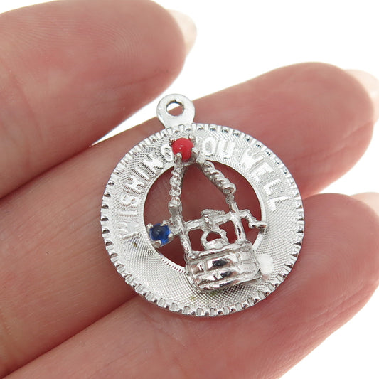 925 Sterling Silver Vintage Real Coral & Blue Glass "Wishing You Well" Pendant