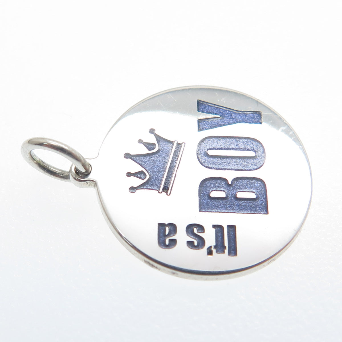 925 Sterling Silver Purple Enamel "It's a Boy" Round Minimalist Charm Pendant