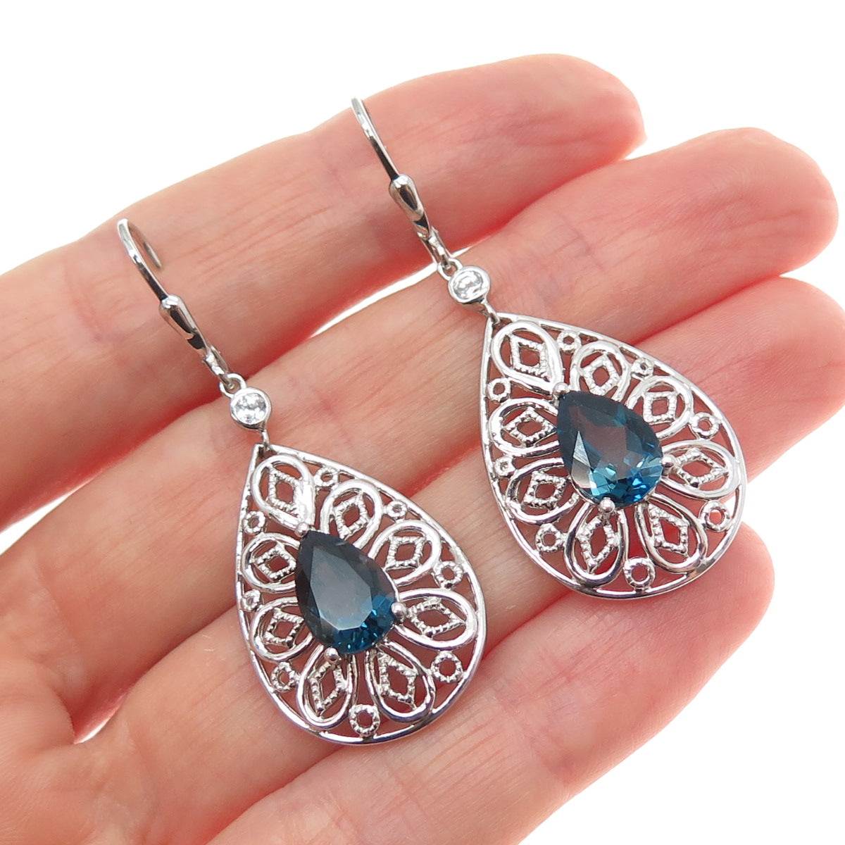 925 Sterling Silver Real London Blue & White Topaz Teardrop Dangle Earrings