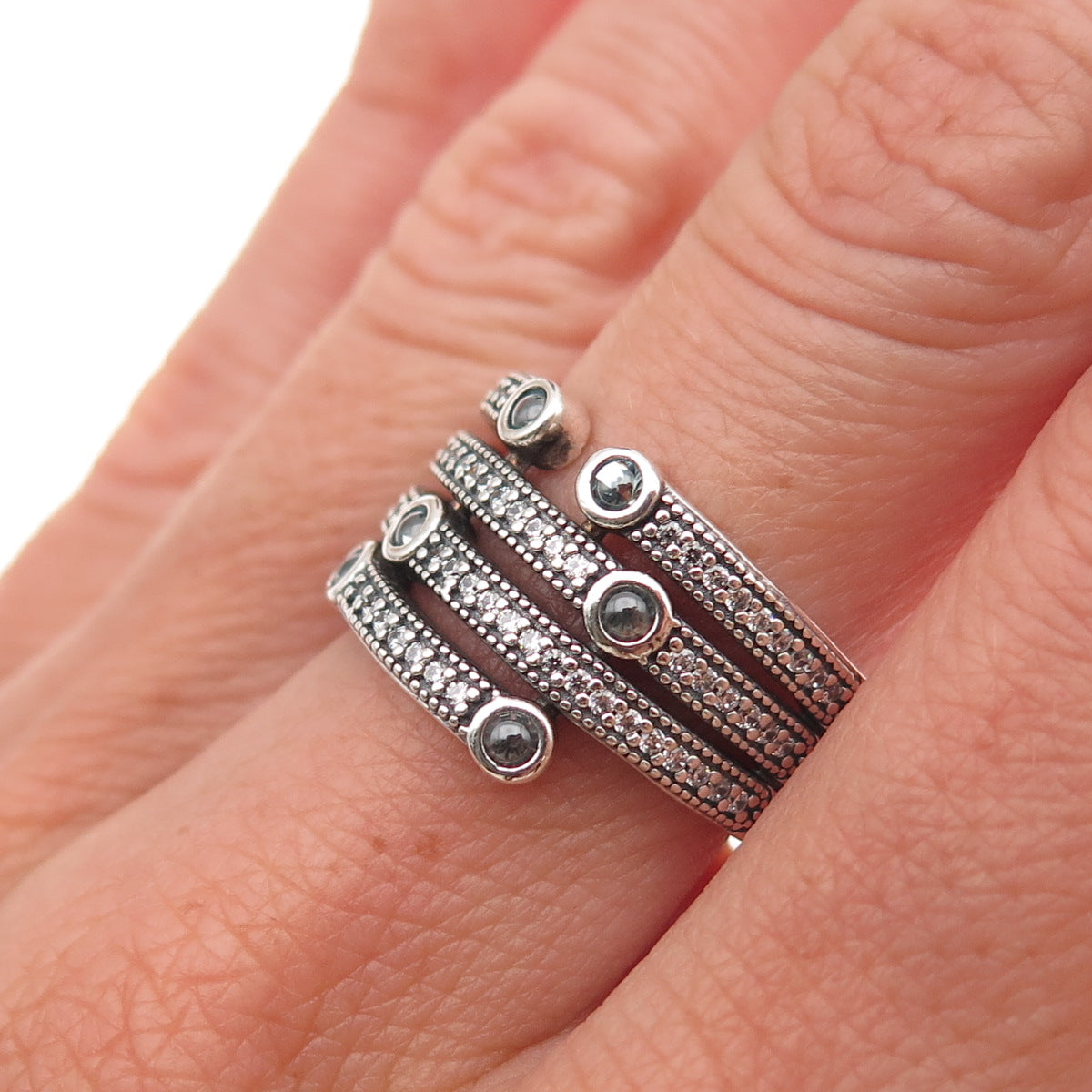 Pandora 925 Sterling Silver Blue C Z Shimmering Ocean Ring Size 7