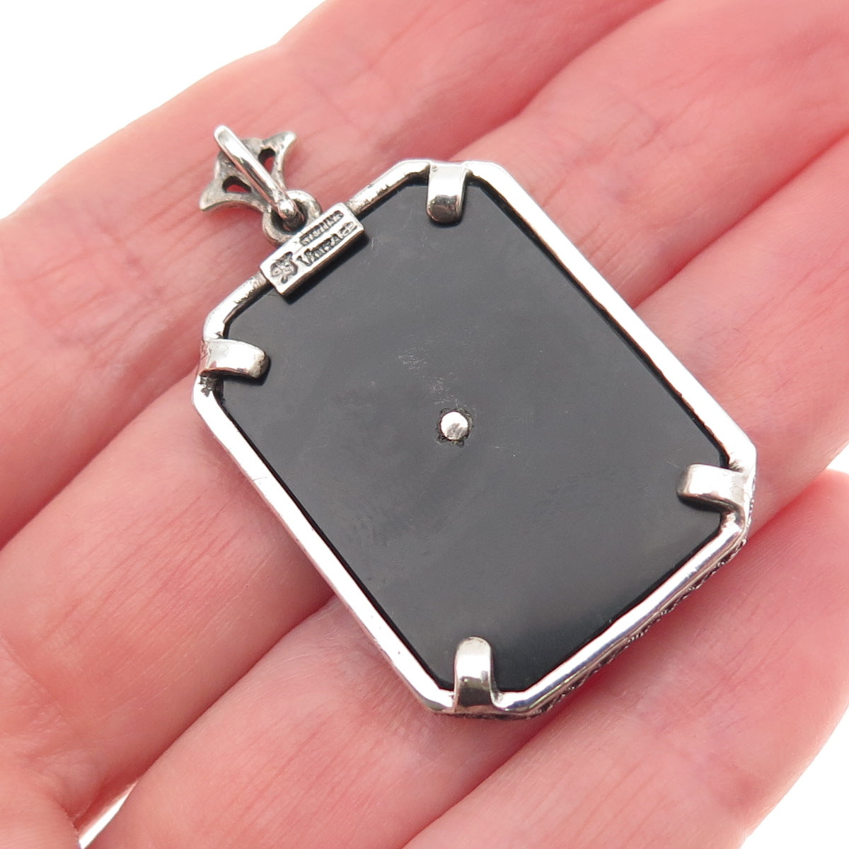 925 Sterling Silver Vintage Real Diamond & Black Onyx Floral Oxidized Pendant