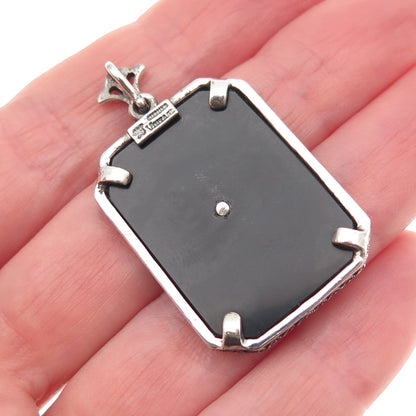925 Sterling Silver Vintage Real Diamond & Black Onyx Floral Oxidized Pendant