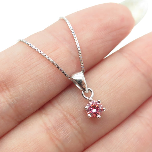 925 Sterling Silver Italy Pink-Crystal Box Chain Necklace 16-18"