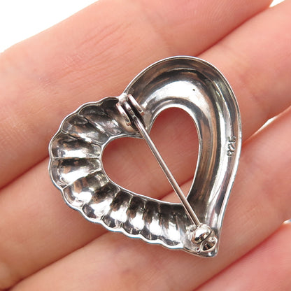 925 Sterling Silver Vintage Ribbed Heart Oxidized Pin Brooch