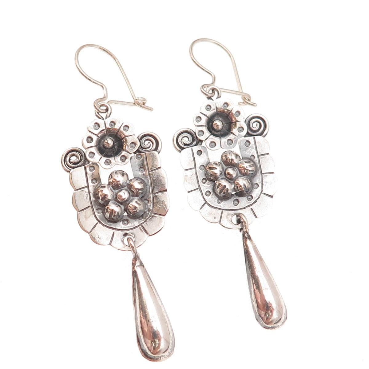 925 Sterling Silver Vintage Floral Oxidized Dangle Earrings