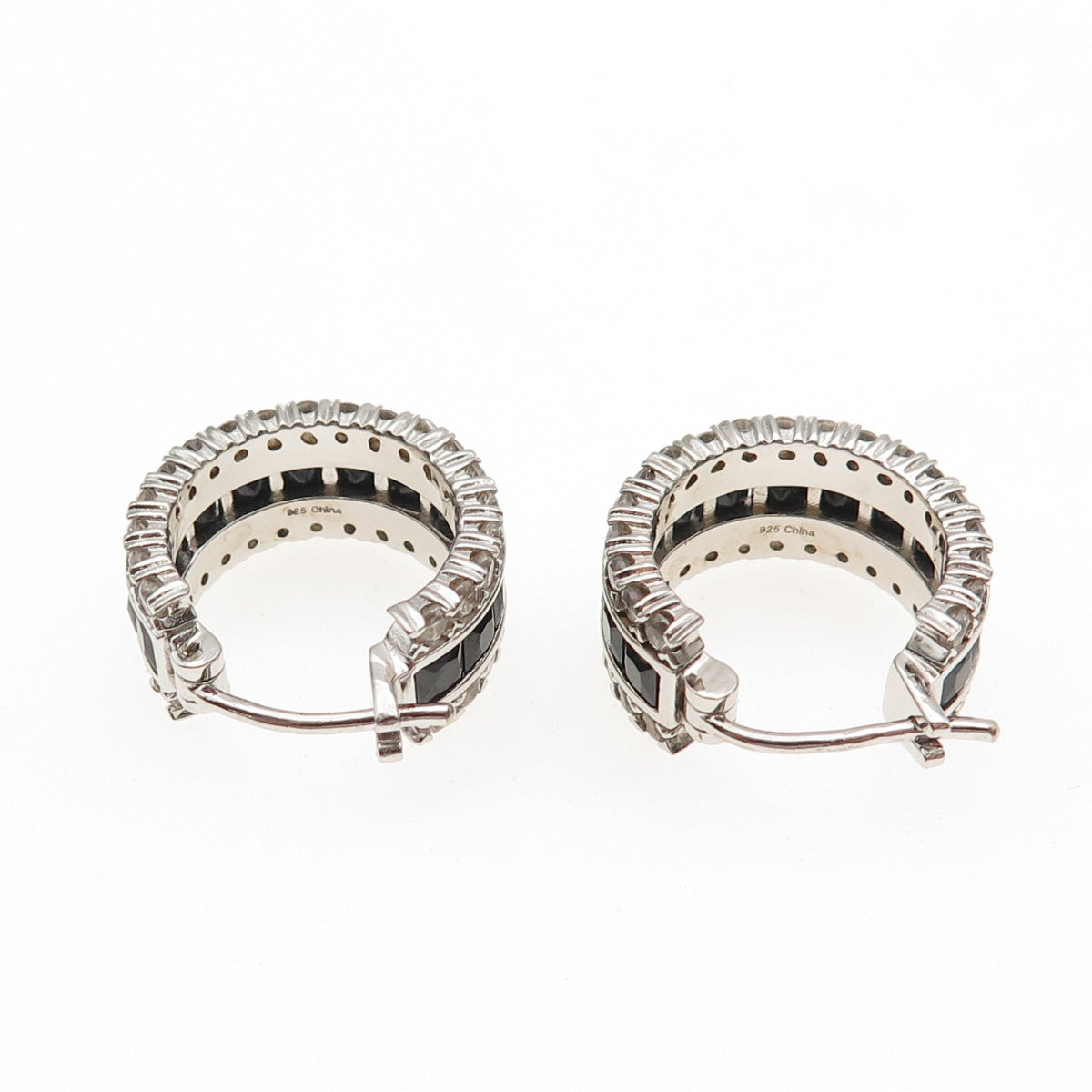 925 Sterling Silver Real Black Spinel & White Topaz Hoop Earrings