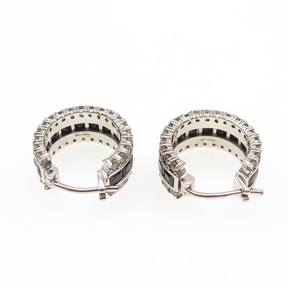 925 Sterling Silver Real Black Spinel & White Topaz Hoop Earrings